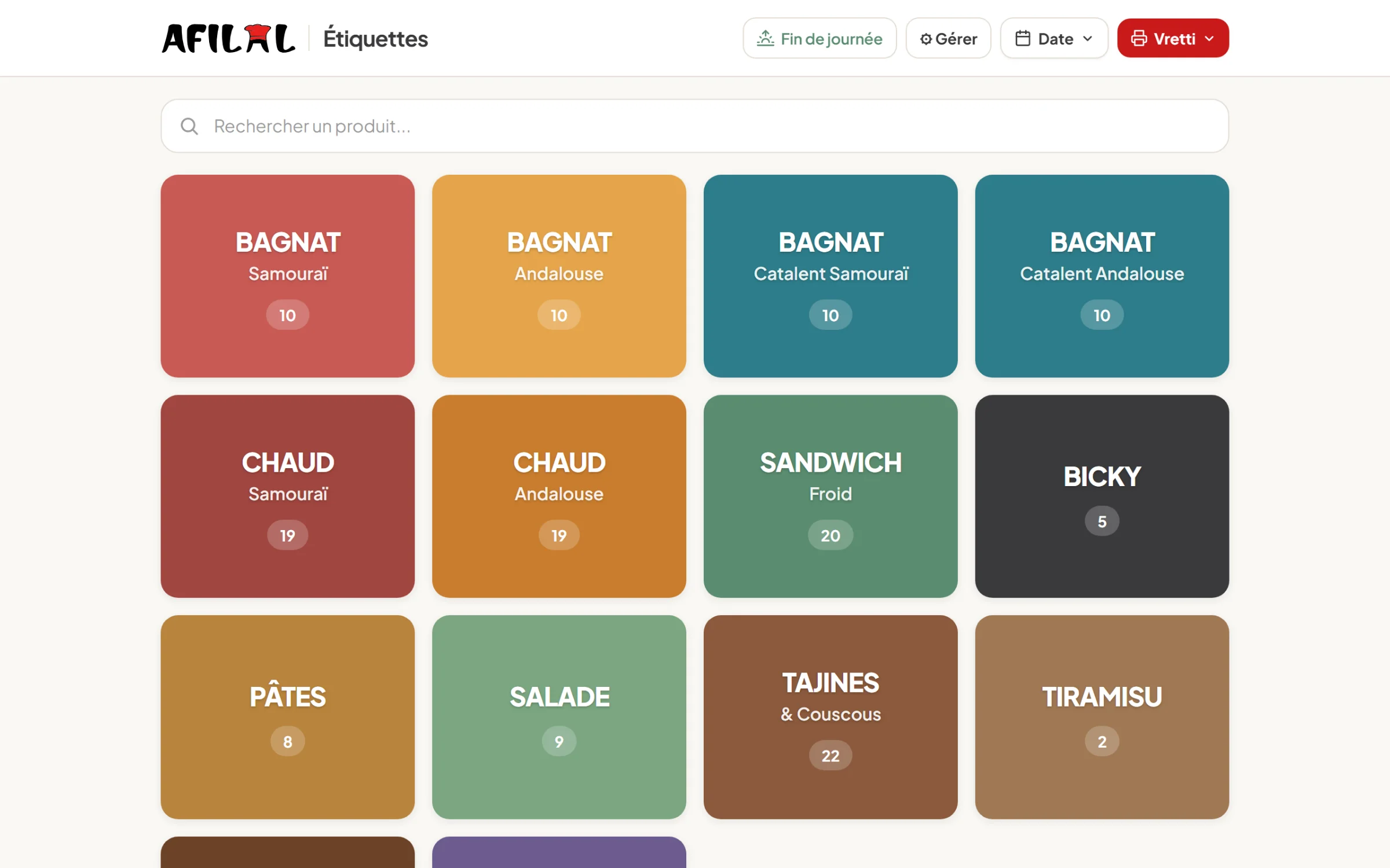 Etikettenscherm met een tegel per product: bagnat, chaud, sandwich, tajines.