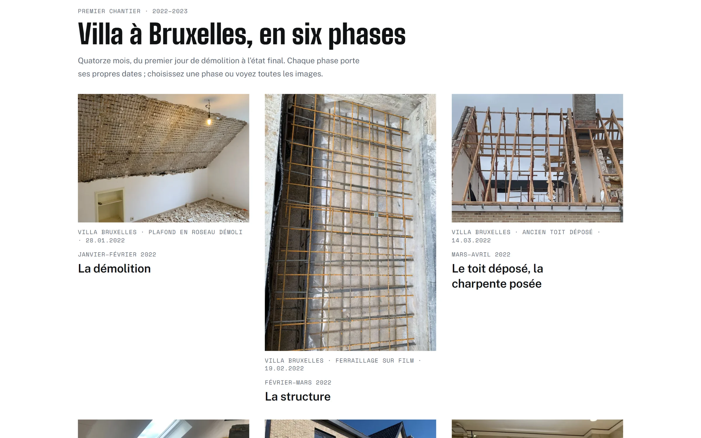 Website van een aannemer met de fases van een villa.