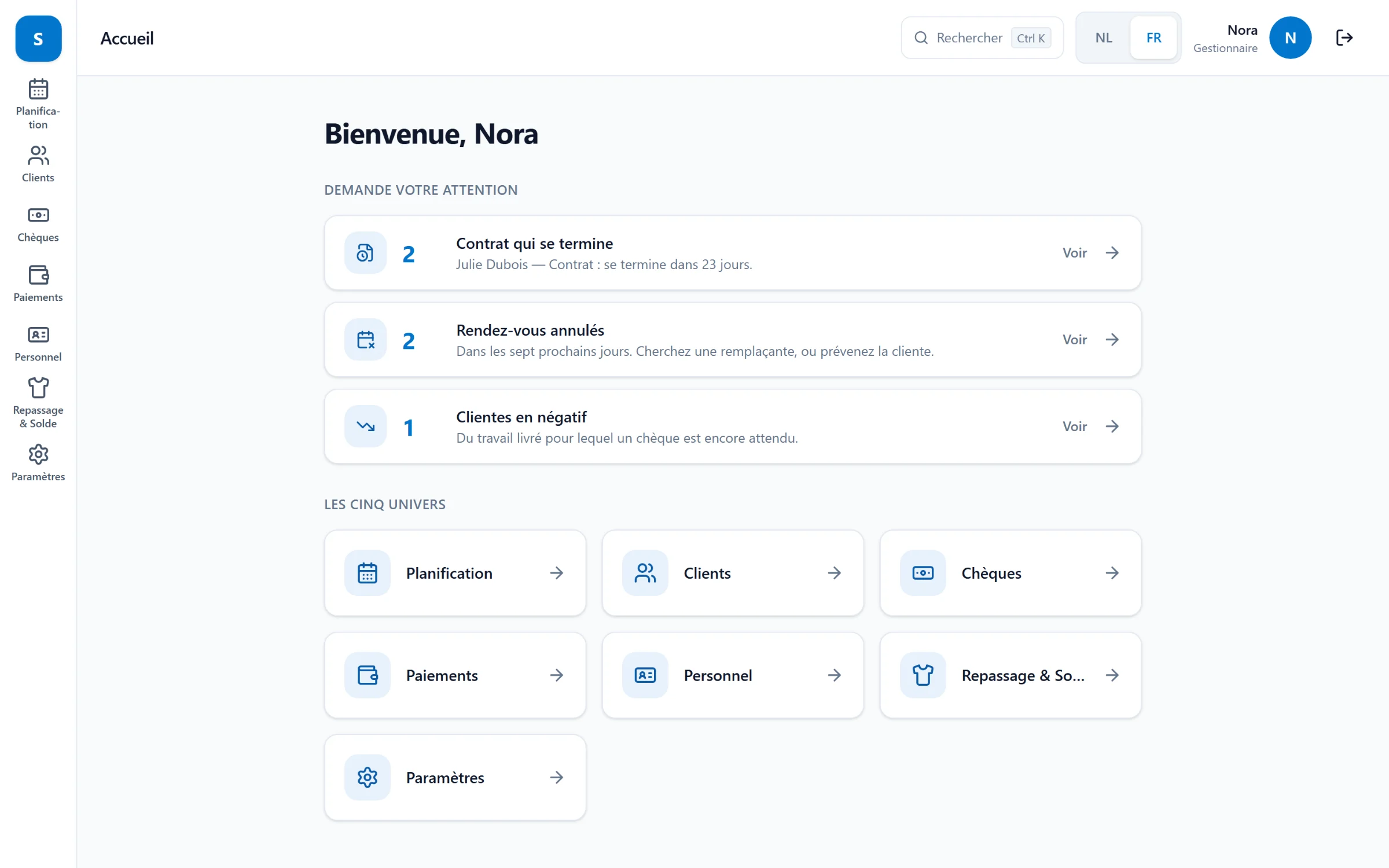 Startscherm van het dashboard: bovenaan wat aandacht vraagt, zoals geannuleerde afspraken die een vervangster nodig hebben, daaronder de onderdelen