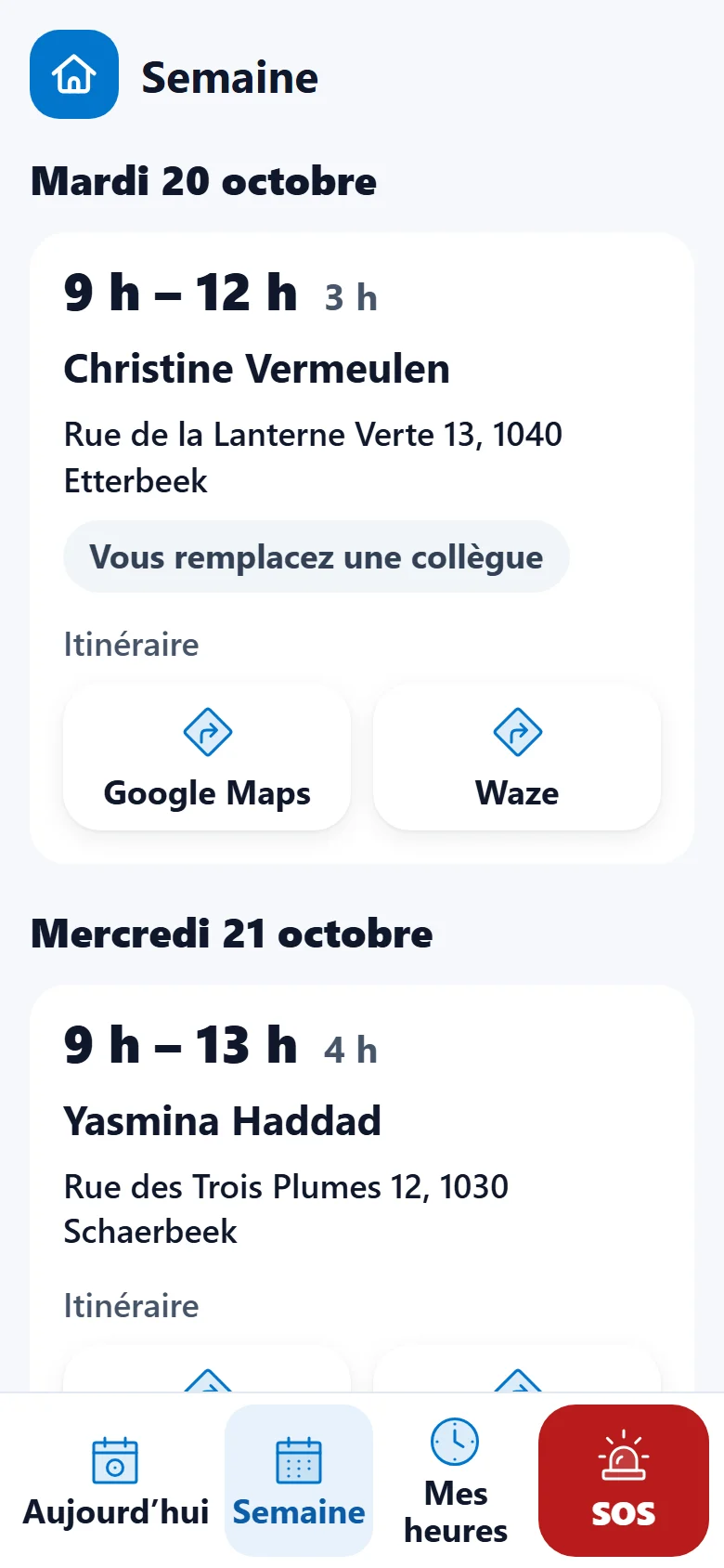 Telefoon met de week van een werkneemster, met een vervanging bij een klant in Etterbeek.