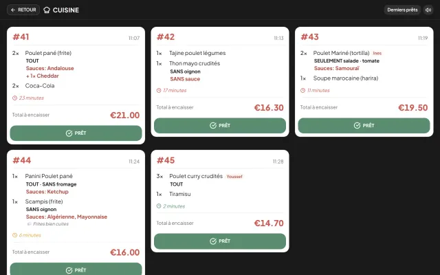 Keukenscherm met de openstaande bestellingen, elk met zijn sauzen en wat er niet op mag.